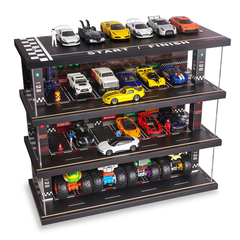 Display Case for Hot Wheels: Toy Car Garage with LED Lights, Freestanding Parking Garage Diorama for 1/64 Diecast Cars, 4-Level Storage Rack with 40 Spots  Cars Not Included