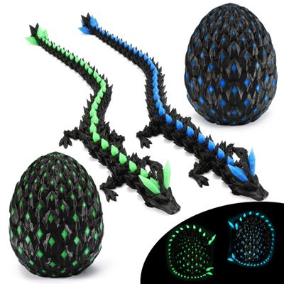 Monjita 3D Printed Dragon Egg Toy with Glow in The Dark, Articulated 3D Printed Animals Fidget, Hatchable Fantasy Easter Egg Gift for Kids & Adults, UV Light Reactive Dragon Figurine (Blue & Green)