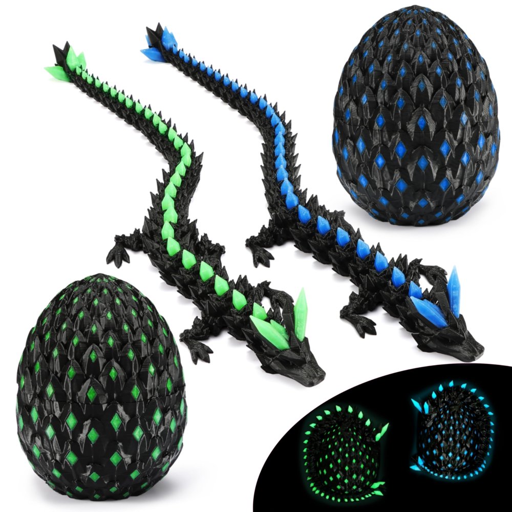 Monjita 3D Printed Dragon Egg Toy with Glow in The Dark, Articulated 3D Printed Animals Fidget, Hatchable Fantasy Easter Egg Gift for Kids & Adults, UV Light Reactive Dragon Figurine (Blue & Green)