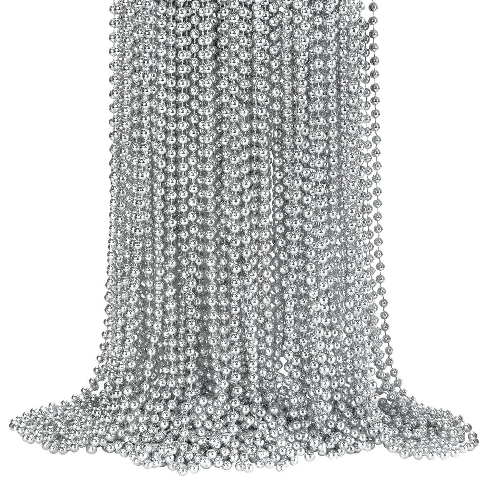 72 PCS Silver Bead Necklaces, Silver Mardi Gras Christmas Beads Necklaces, Patriotic Necklaces, 33 Inch Beaded Necklaces for Mardi Gras Christmas Party, 4th of July and New Year Eve Festive Events