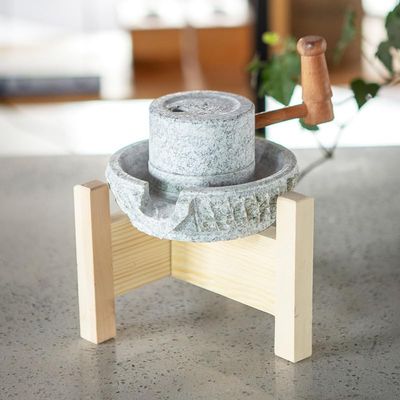QYDZSHOP Decorative Small Stone Mill with Stand (not for Use) Handmade Blue Stone Millstone, Handmade Blue Stone Millstone, Ideal for Home Office Or Mini Garden Decoration