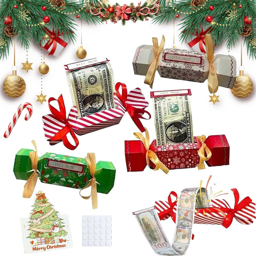 4/8PCS Christmas Surprise Money Pull Pouch, Candy-Inspired Pull-Out Money Pouch with 40/80 Transparent Bags, Funny Surprise Box Money Gift Box - Make The Money Come Out of The Candy (8PCS)