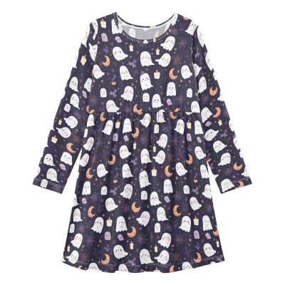 Aflyko Halloween Skater Dress Ghost Moon Cute Girl Casual Wear Relaxed Fit Holiday Costume Festive Lovely Birthday Present, 9-10Y Multicoloured