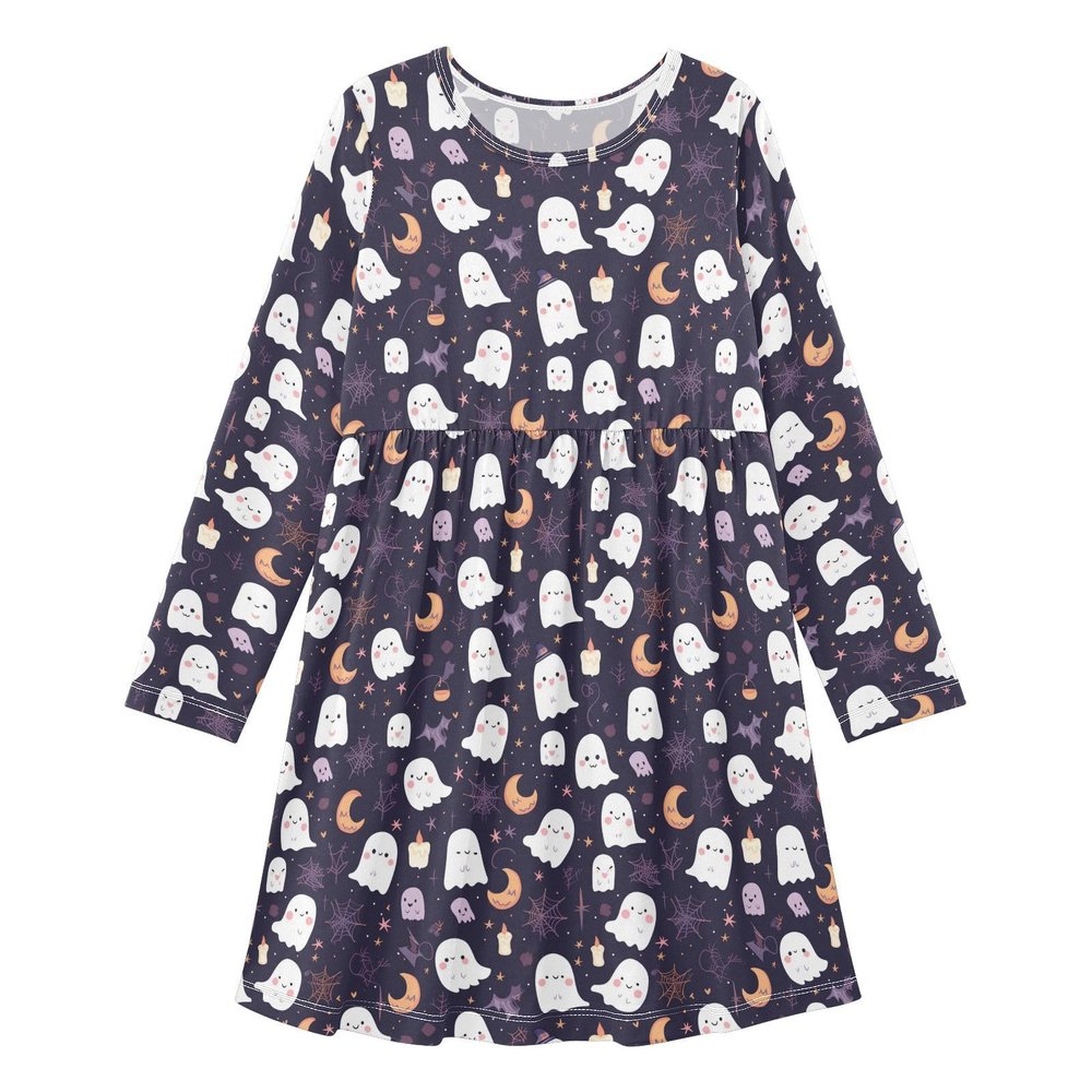 Aflyko Halloween Skater Dress Ghost Moon Cute Girl Casual Wear Relaxed Fit Holiday Costume Festive Lovely Birthday Present, 9-10Y Multicoloured