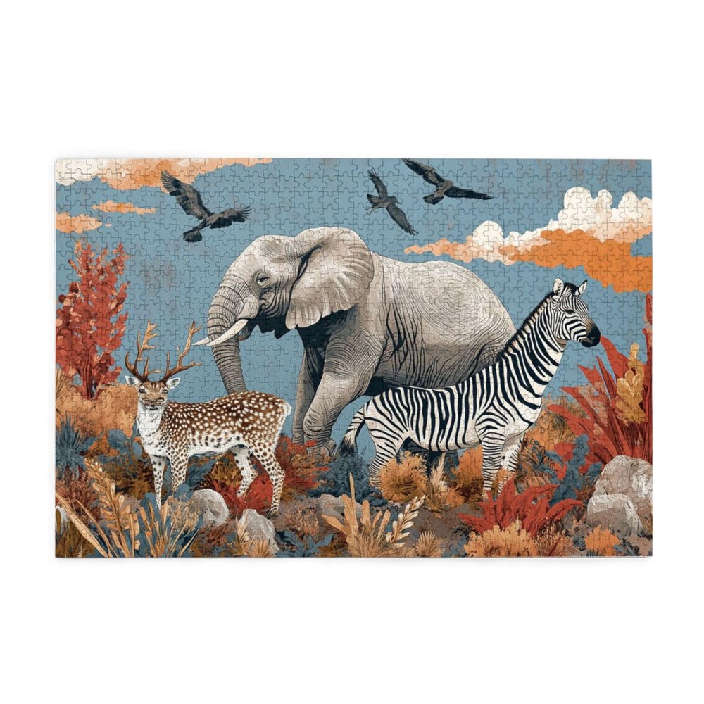 RMYRHQ Wilderness Safari Animals Elephant Zebra Deer Birds with Golden Grass Blues Sky&Oranges Clouds Wooden Puzzles for Adults 1000 Pieces Stress Relieving Pleasure Puzzles Family Nature Decor
