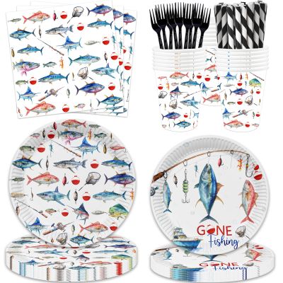 120 Pcs Gone Fishing Birthday Decorations Fishing Paper Dinner Plates Napkins Forks Cups Straw Dinnerware for Fishermen Theme Kids Men Birthday Party Supplies Favors, Serves 20 Guests