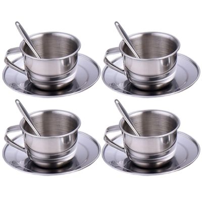 Licsaliwe Heat-Resistant Kids Stainless Steel Tea Set, Cups Saucers Spoons for Girls Boys/ 4x70ml