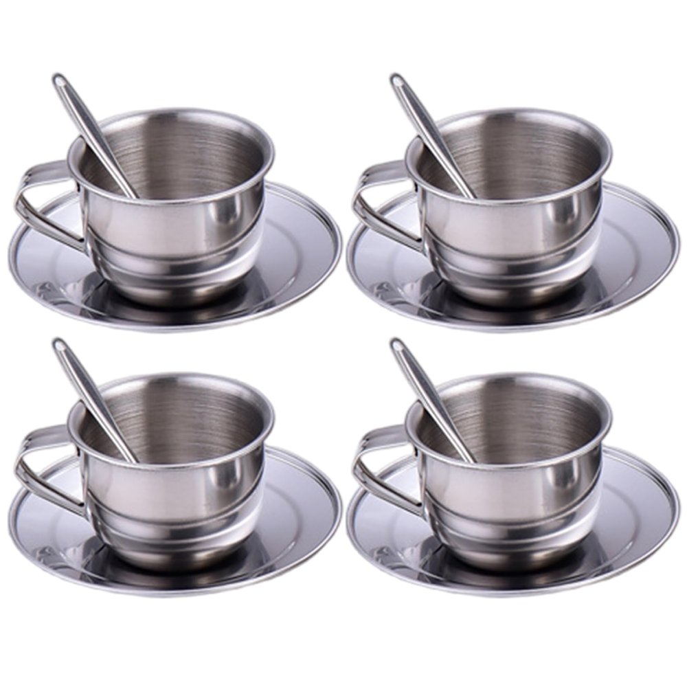 Licsaliwe Heat-Resistant Kids Stainless Steel Tea Set, Cups Saucers Spoons for Girls Boys/ 4x70ml