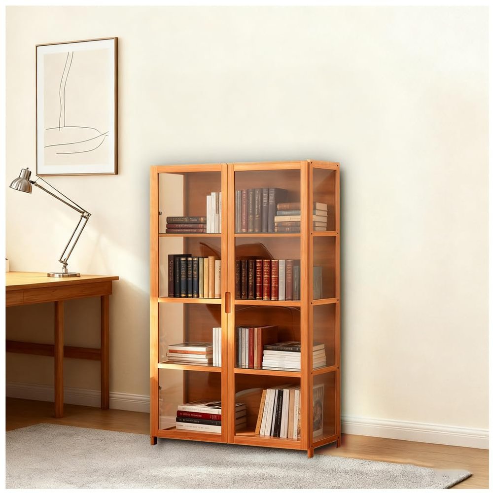 4 Tier Curio Display Cabinet, Storage Cabinet with Acrylic Double Door, Collectibles Toy Organizers Rack & Display Shelf, Bookcase for Bedroom, Reading Nook,Brown,4 Layer Double Door