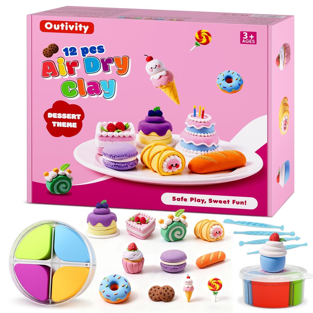 Air Dry Modeling Clay for Kids, 12 Dessert Crafts Model Magic, Clay Kits with Sculpting Tools & Tutorials, Safe & Non-Stick DIY Art Crafts, Toys Gift for Ages 3-12 Boys & Girls