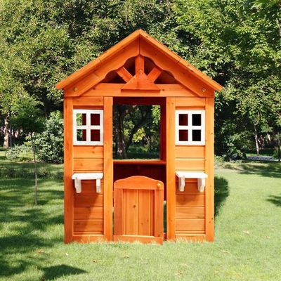 Wooden Playhouse for Kids with 2 Windows & Flowerpot Holder, Solid Wood Outdoor Backyard Play House for Children 3-8 Years, 42" Lx46 Wx55 H