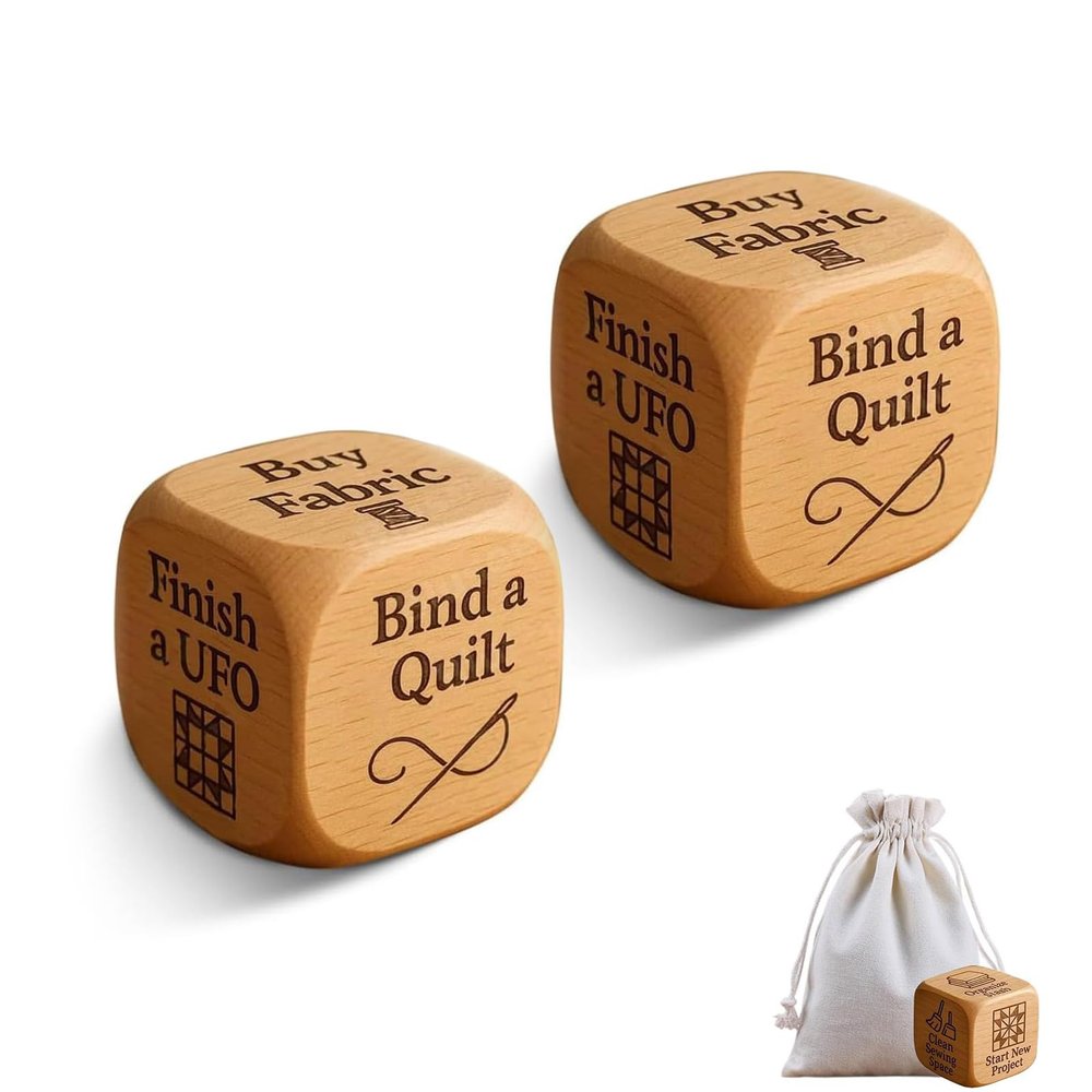 Quilters Dice, 6 Sided Wooden Dice with Engraved Quilting Tasks - Madicrio Quilting Tools & Sewing Notions for Crafters, Fun Gift for Quilters to Organize Stash & Finish UFOs (2 Pcs)
