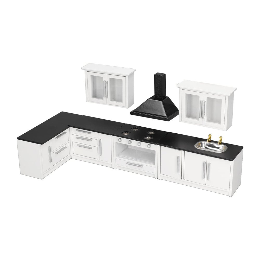 112: Cabinet, Modern Set, 7PCS Wooden Miniature Furniture with Working Doors and Drawers, Simulated Scene for Decoration