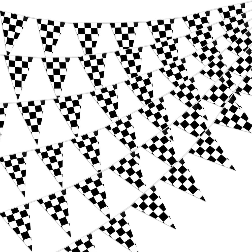 48Pcs Race Cars Checkered Flag, Black And White Checkered Flag Banner Race Car Birthday Party Supplies,98ft Racing Flags Checkered Pennant Banner Triangle String Waterproof Flags For Party, Birthday Decoration 100FT