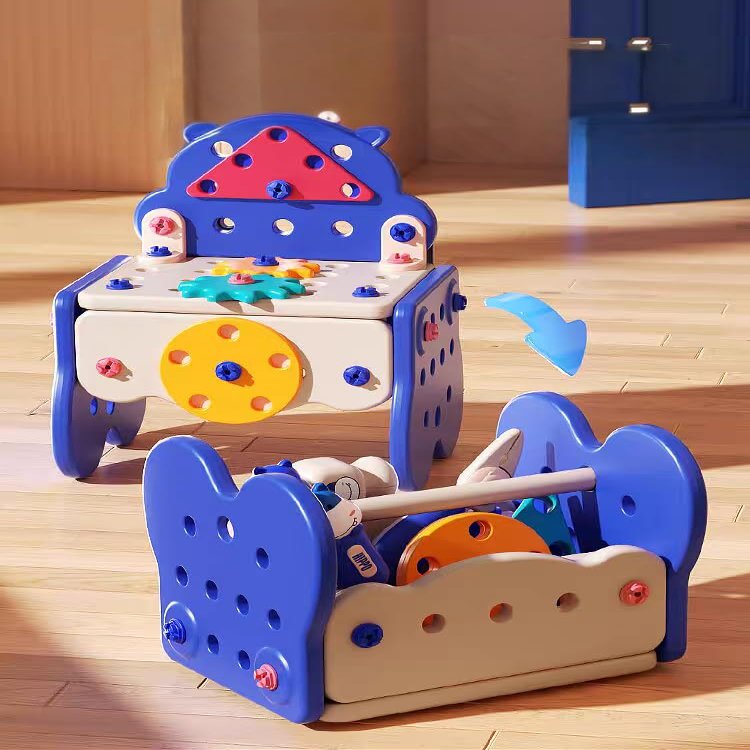 Kids Tool Set with Workbench, 24-Piece Blue Construction Toy Kit, Play Tools Box with Storage Case