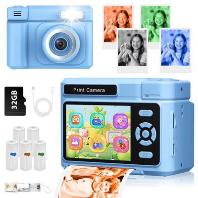 2.4" Kids Camera Instant Print, 48MP & 1080P HD Digital Camera with 32GB Card, 4-Color Print Paper,Blue