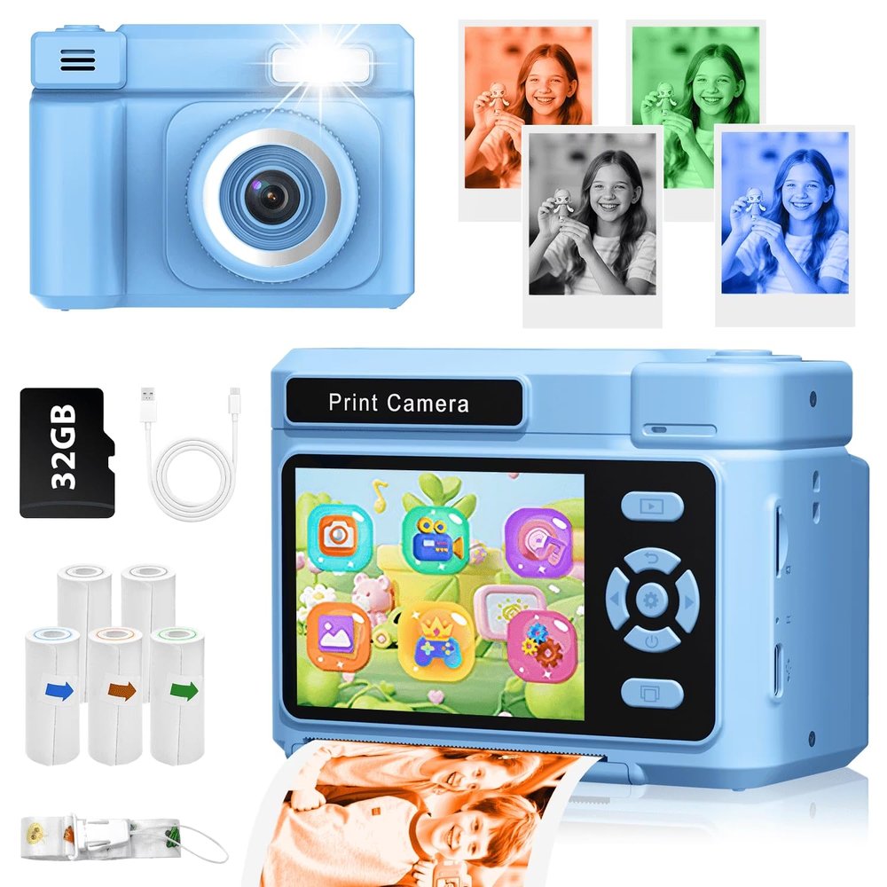 2.4" Kids Camera Instant Print, 48MP & 1080P HD Digital Camera with 32GB Card, 4-Color Print Paper,Blue