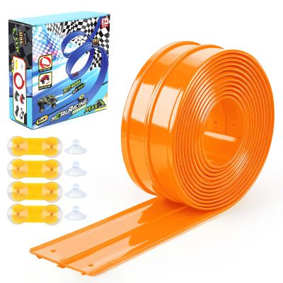 Mkobon 16 Ft Flexible Car Race Track, Flex Ramp with 12 Suction Cups, Compatible with Hot Wheels and Diecast 1/64th Cars, Double Tracks Long Rolls Up Portable Racetrack (Orange)