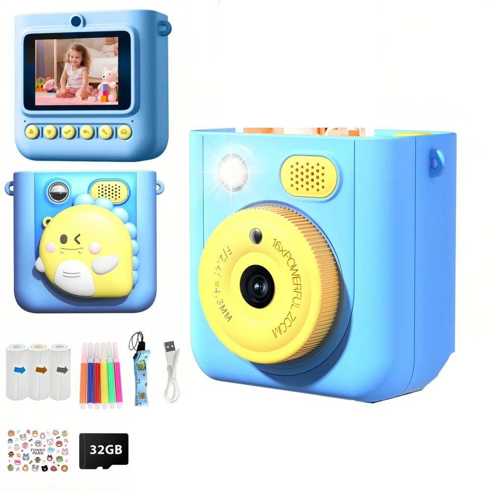 2.4" Kids Camera Instant Print, 48MP & 1080P HD Digital Camera with 32GB Card, 3-Color Print Paper, Silicone Cover, Blue