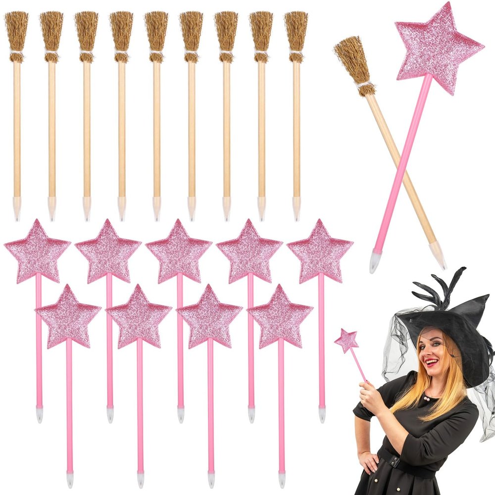 20 Count Princess and Witch-Themed Party Supplies, Featuring 10 Star-Shaped Pens and 10 Broom Pencils, Unique Glittery Writing Instruments for Events