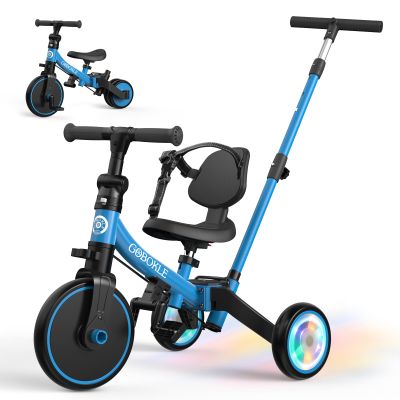 GOBOKLE 5-in-1 Tricycle for Toddlers 1-3, Convertible Toddler Bike with Push Handle & Removable Pedals, Balance Bike with Colorful Lighting Wheels, Adjustable Seat Height with Backrest(Blue)