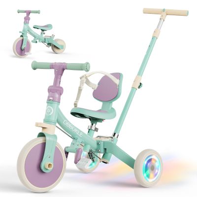 GOBOKLE 5-in-1 Tricycle for Toddlers 1-3, Convertible Toddler Bike with Push Handle & Removable Pedals, Balance Bike with Colorful Lighting Wheels, Adjustable Seat Height with Backrest(Green-Purple)