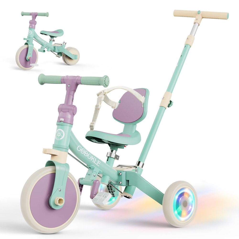 GOBOKLE 5-in-1 Tricycle for Toddlers 1-3, Convertible Toddler Bike with Push Handle & Removable Pedals, Balance Bike with Colorful Lighting Wheels, Adjustable Seat Height with Backrest(Green-Purple)