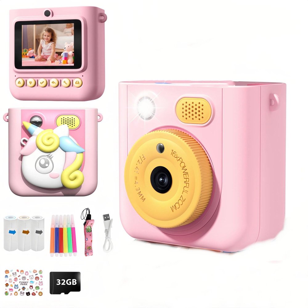 2.4" Kids Camera Instant Print, 48MP & 1080P HD Digital Camera with 32GB Card, 3-Color Print Paper, Silicone Cover, Pink
