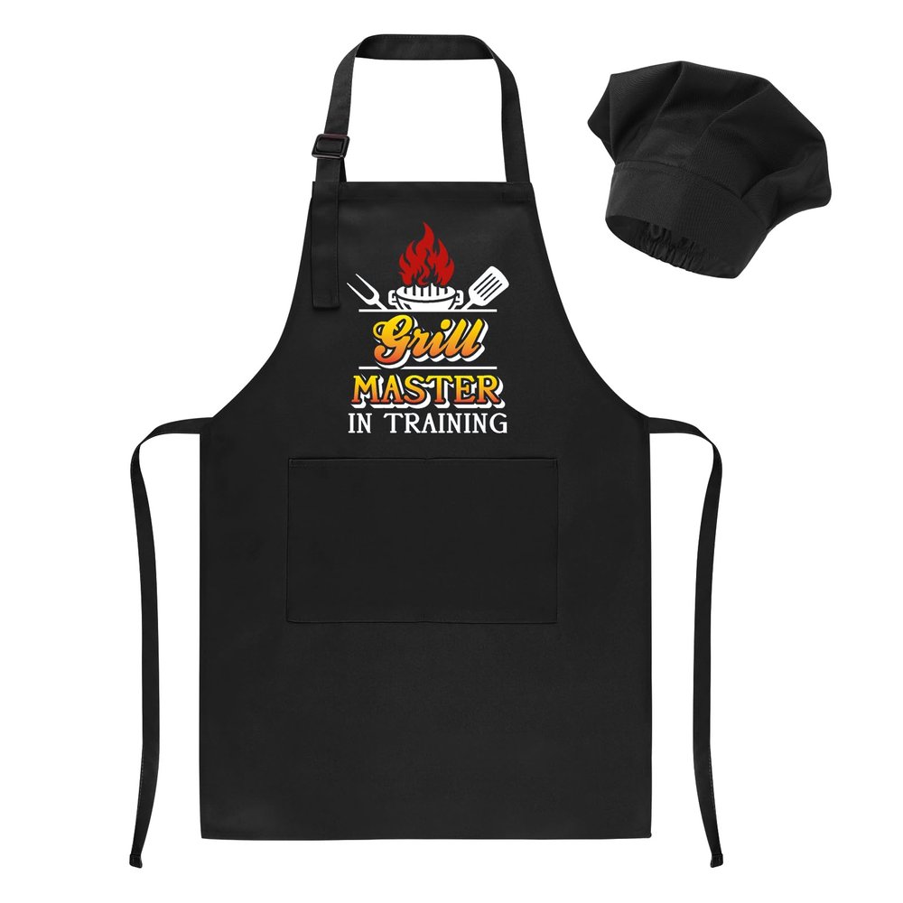 XLSXEXCL Kids Apron and Chef Hat Set, Funny Apron Adjustable Child Aprons Chef in Training Kitchen Aprons for Boys and Girls for Cooking, Baking, Painting, Training (Black)