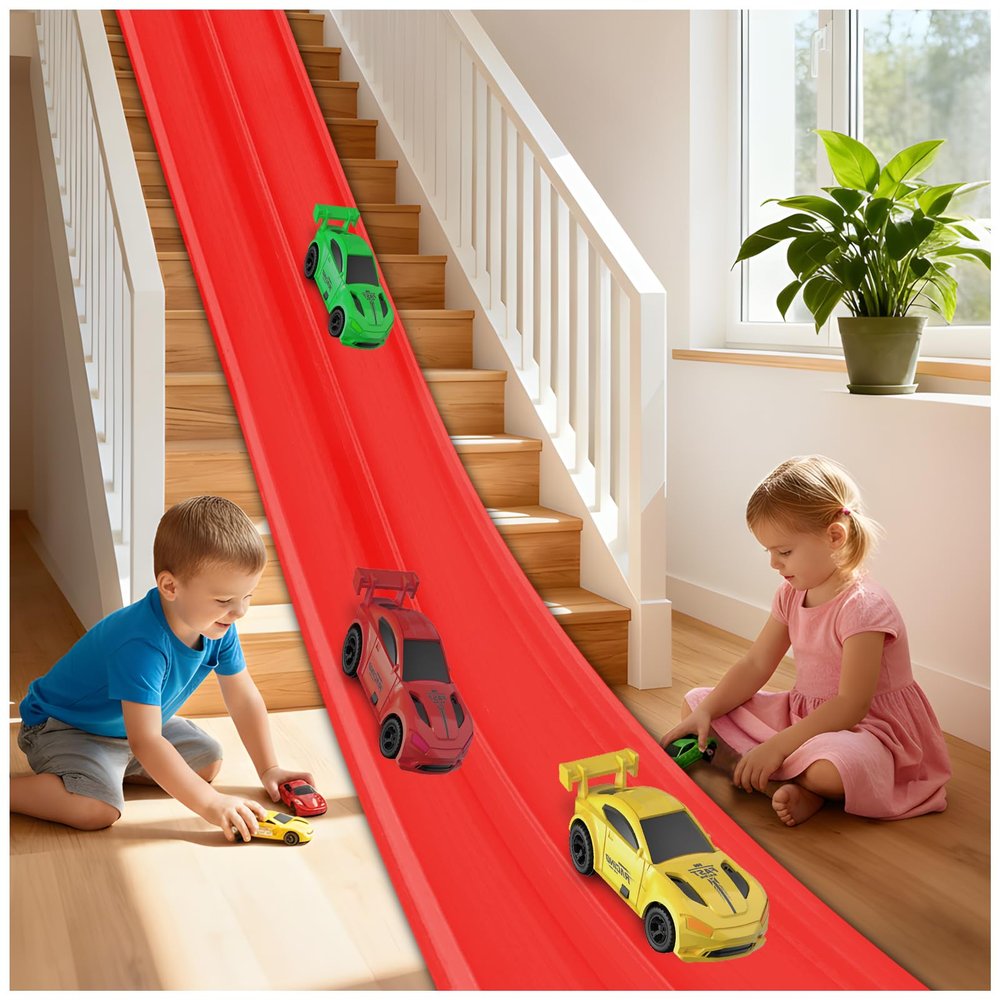 Safotad 15 Ft Flexible Race Track Toy Set, DIY Bendable Dual Lane Race Car Track with Strong Suction Cups, Portable Racing Track for 1:64 Diecast Cars, Easy Install Racetrack for Kids Ages 3+, Red