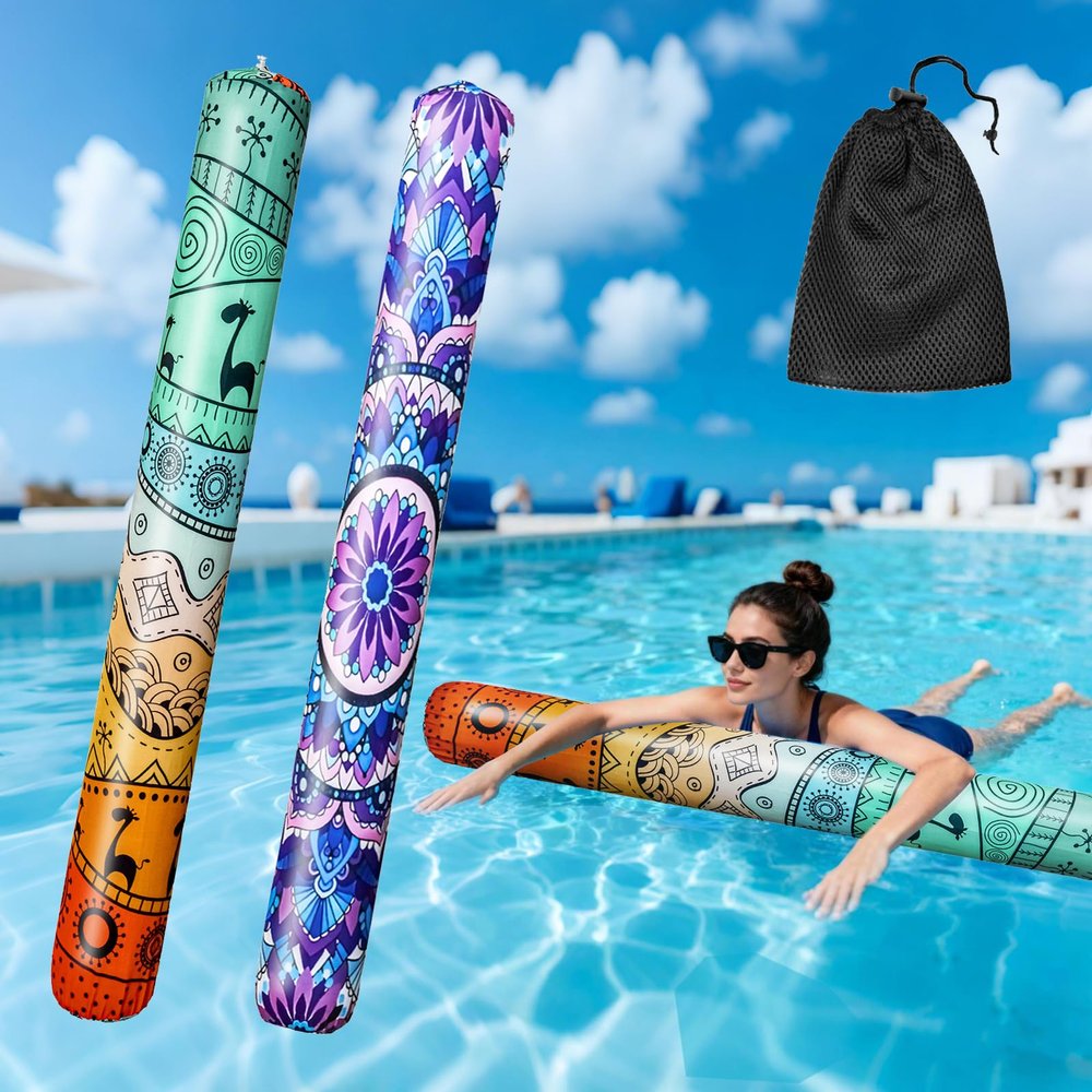 2 Pack Inflatable Swim Pool Noodles, Soft Fabric Covered Large Swim Noodles, Premium Buoyancy for Swimming Floating
