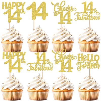 30 Pack 14th Birthday Cupcake Toppers Glitter Fourteen Cheers to 14 Cupcake Picks Hello 14 Cake Decorations for Happy 14th Birthday Anniversary Party Supplies Gold