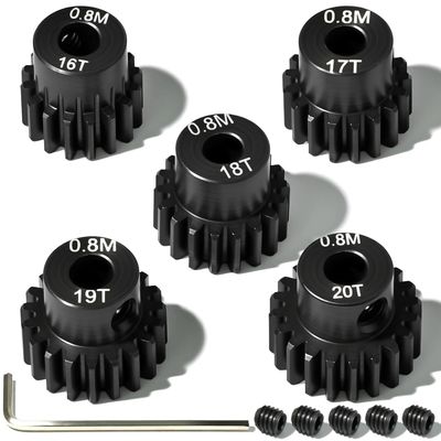 5Pcs 0.8M Hardened Steel Pinion Gear Set 5mm Shaft 16T 17T 18T 19T 20T Motor Pinion Gear with M4 Screw and Hex Key, for Arrma HPI Kyosho Losi Axial Traxxas Tamiya 1/10 RC Car and 540/550 Motors