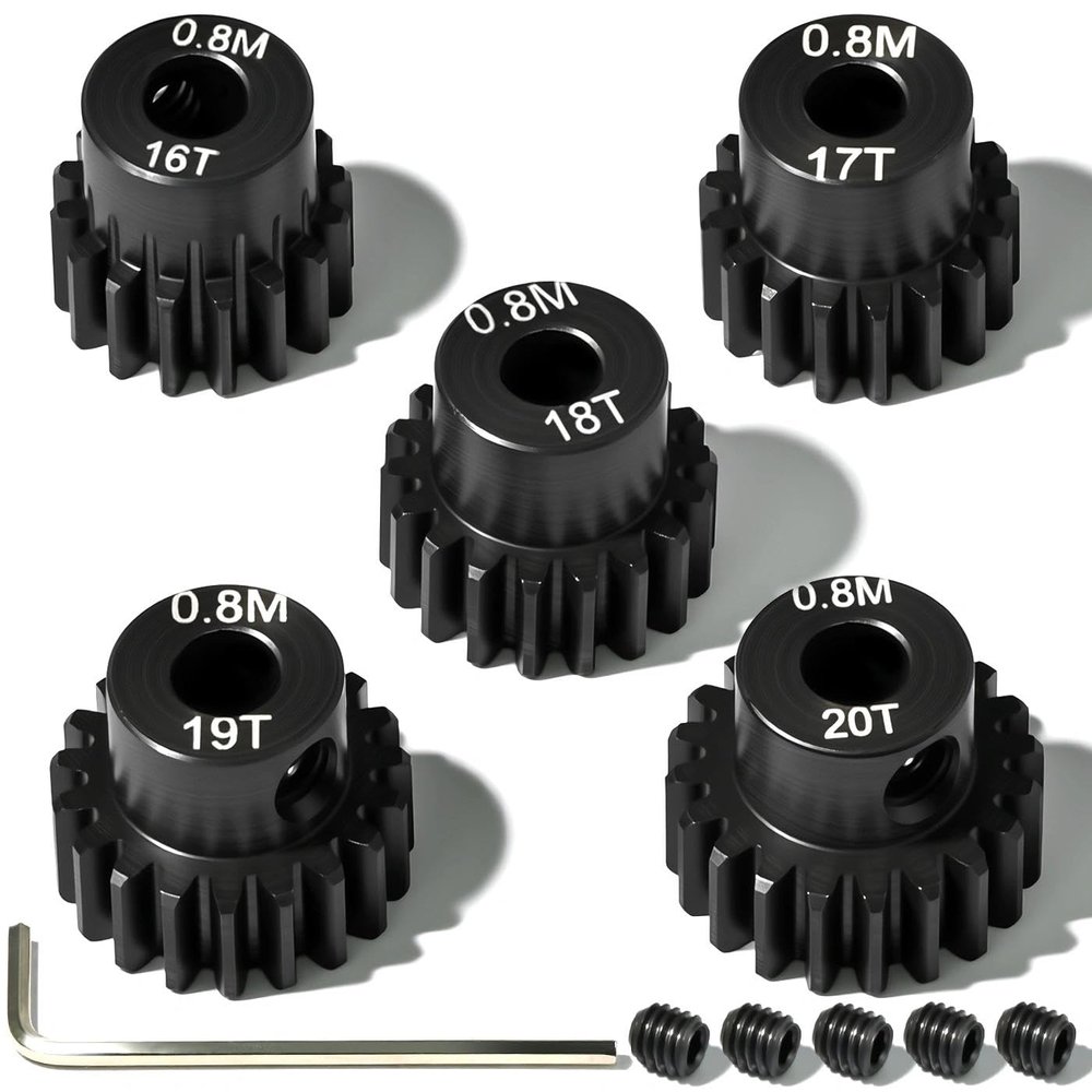 5Pcs 0.8M Hardened Steel Pinion Gear Set 5mm Shaft 16T 17T 18T 19T 20T Motor Pinion Gear with M4 Screw and Hex Key, for Arrma HPI Kyosho Losi Axial Traxxas Tamiya 1/10 RC Car and 540/550 Motors