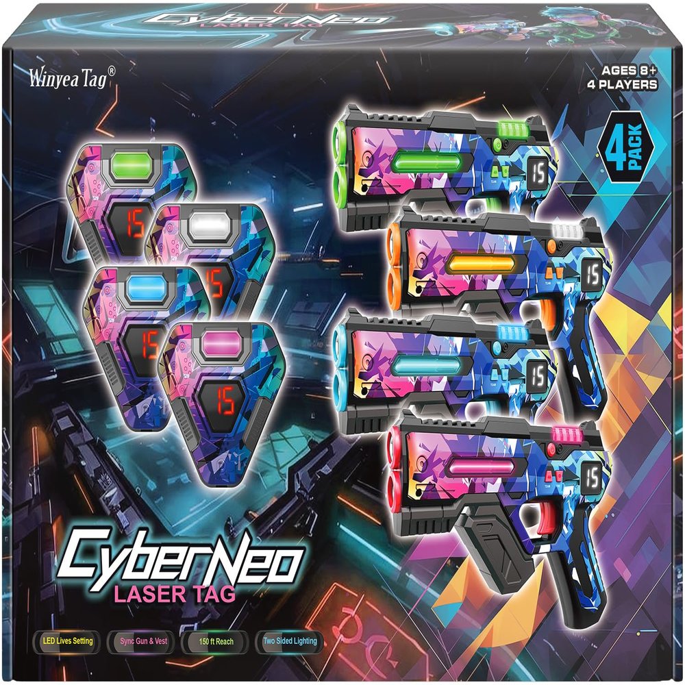 Laser Tag Set of 4, Lazer Tag Guns & Vests, Gift Ideas for Kids Teens and Adults, Cool Birthday Christmas Toys for Teenage Ages 8 9 10 11 12+Year Old Boy & Girls