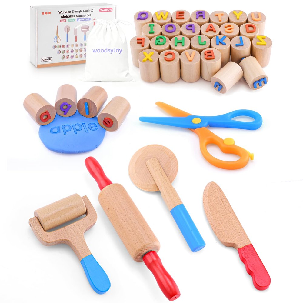 Wooden Dough Tools Kit for Kids, Dough Accessories with Rolling Pins, Pizza Cutter, Safety Scissors & 26 Letter Stamps, Educational Alphabet Learning Toys Gift for Toddlers Ages 36