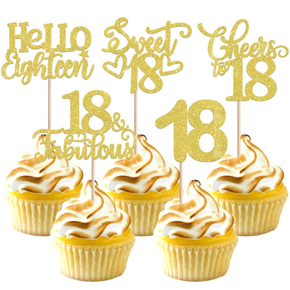 30 Pack 18th Birthday Cupcake Toppers Glitter Eighteen Cheers to 18 Cupcake Picks Hello 18 Cake Decorations for Happy 18th Birthday Anniversary Party Supplies Gold