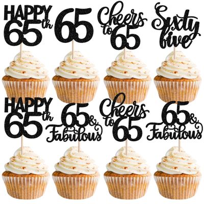 30 Pack 65th Birthday Cupcake Toppers Glitter Sixty-five Cheers to 65 Cupcake Picks Hello 65 Cake Decorations for Happy 65th Birthday Anniversary Party Supplies Black