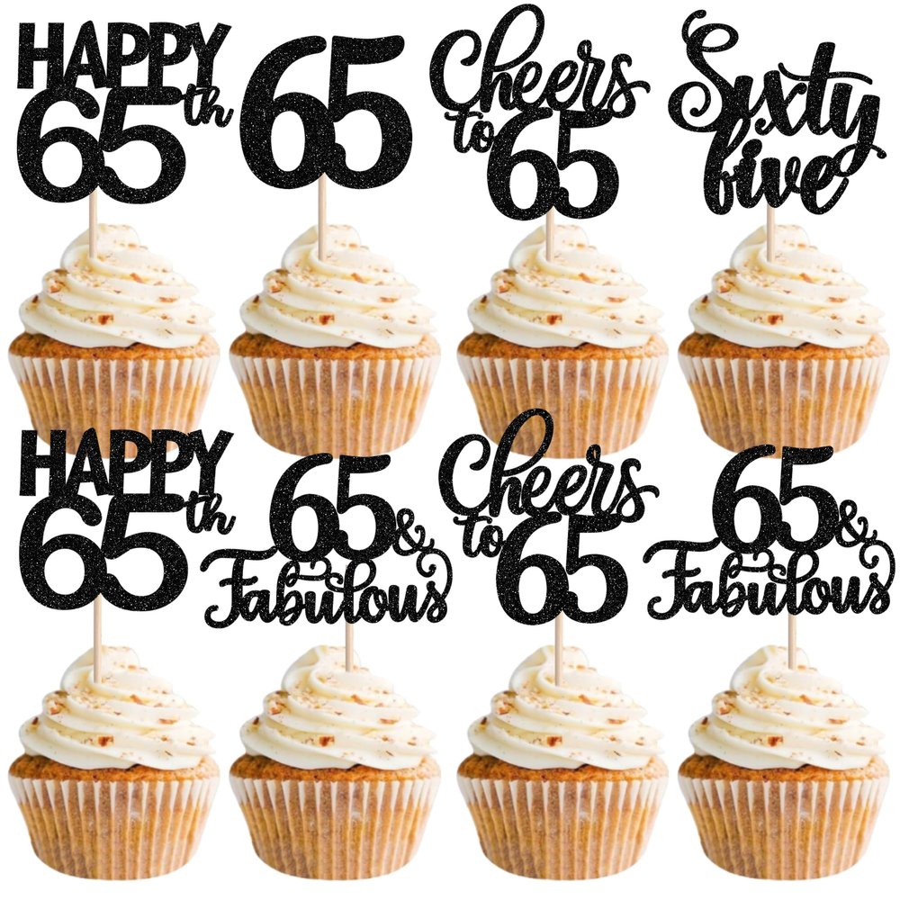 30 Pack 65th Birthday Cupcake Toppers Glitter Sixty-five Cheers to 65 Cupcake Picks Hello 65 Cake Decorations for Happy 65th Birthday Anniversary Party Supplies Black
