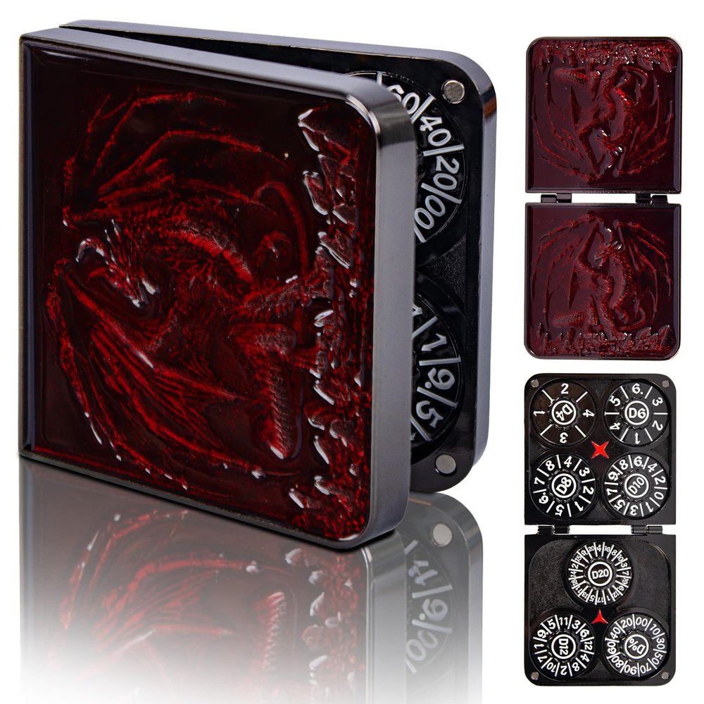 7-in-1 DND Pocket Spinner Dice Set, Foldable Flip Dice with Delicate Dragon Iron Box, Compact Dice Set for DND Role-Playing Games Fans (Red)