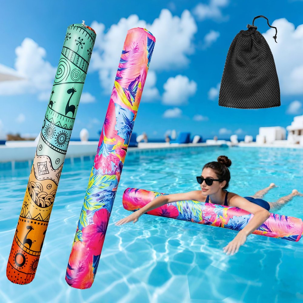 2 Pack Inflatable Swim Pool Noodles, Soft Fabric Covered Large Swim Noodles, Premium Buoyancy for Swimming Floating