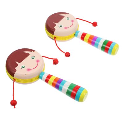 COOLHIYA 2Pcs Hand Rattle Wooden Cartoon Design Sturdy Shake for Fine Motor Skills Development Educational Musical for Newborns Random Color