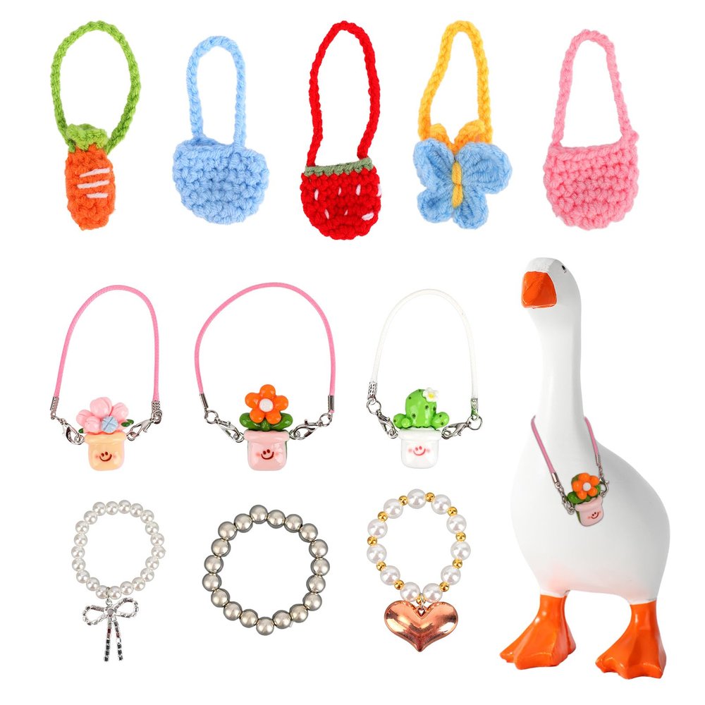 11pcs 7in Desk Goose Outfits, Mini Desktop Porch Goose Decor Accessories with Plant Flower Butterfly Bag Heart Bow Necklaces Collar Chain Fun Clothes Costume Set for Magnetic Table Geese Statues