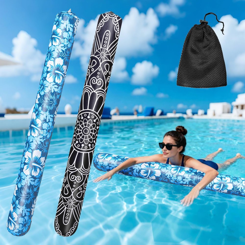 2 Pack Inflatable Swim Pool Noodles, Soft Fabric Covered Large Swim Noodles, Premium Buoyancy for Swimming Floating