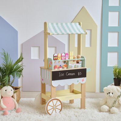 Teamson Kids Jolly Pals Ice Cream Stand with 33 Accessories Including Ice Cream Flavors & Fridge Storage, Natural/Mint Green Pretend Play Cart with Rolling Wheels, Durable and Safe for Kids Ages 3+