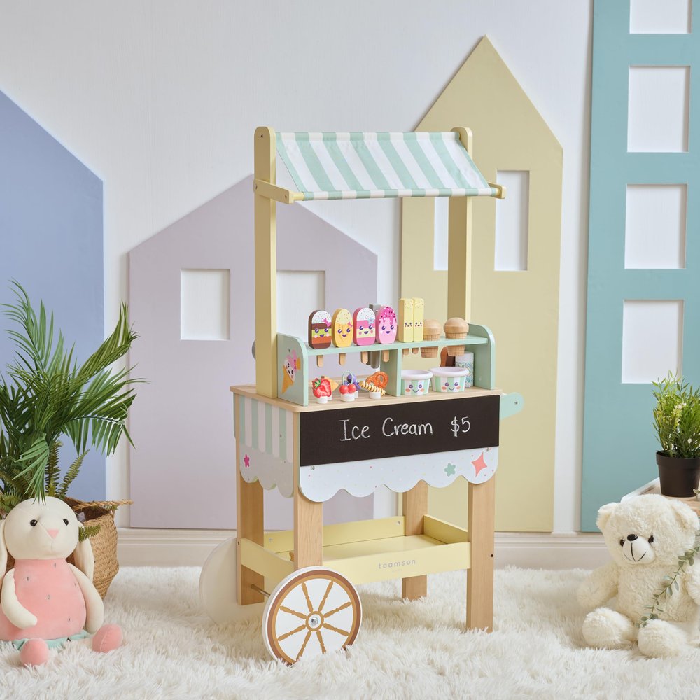 Teamson Kids Jolly Pals Ice Cream Stand with 33 Accessories Including Ice Cream Flavors & Fridge Storage, Natural/Mint Green Pretend Play Cart with Rolling Wheels, Durable and Safe for Kids Ages 3+
