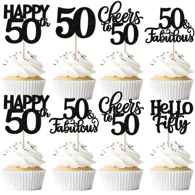 30 Pack 50th Birthday Cupcake Toppers Glitter Fifty Cheers to 50 Cupcake Picks Hello 50 Cake Decorations for Happy 50th Birthday Anniversary Party Supplies Black
