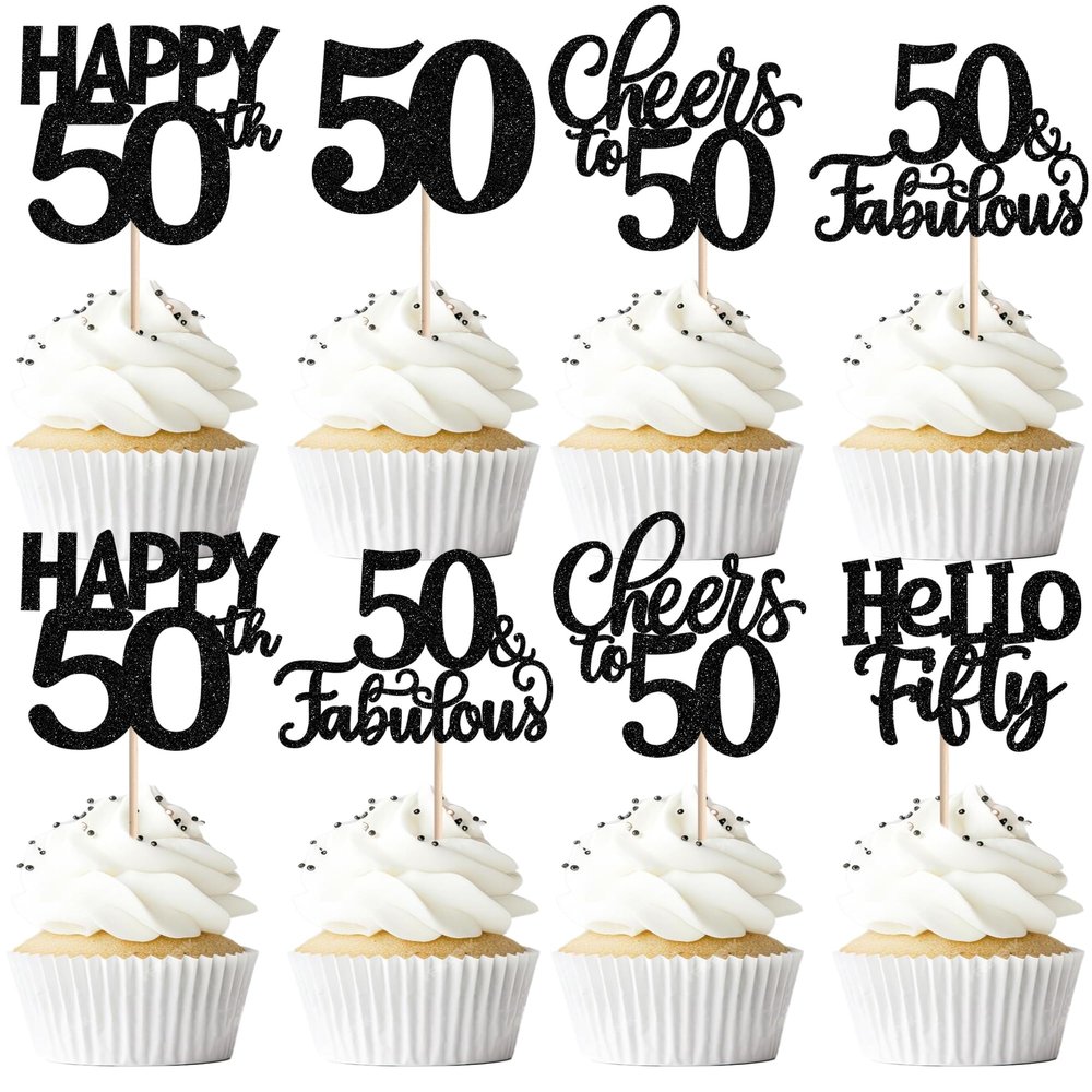30 Pack 50th Birthday Cupcake Toppers Glitter Fifty Cheers to 50 Cupcake Picks Hello 50 Cake Decorations for Happy 50th Birthday Anniversary Party Supplies Black