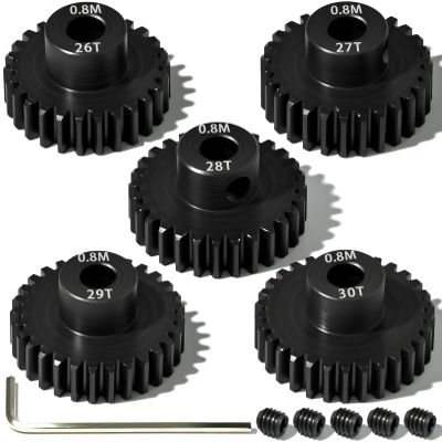 5Pcs 0.8M Hardened Steel Pinion Gear Set 5mm Shaft 26T 27T 28T 29T 30T Motor Pinion Gear with M4 Screw and Hex Key, for Arrma HPI Kyosho Losi Axial Traxxas Tamiya 1/10 RC Car and 540/550 Motors