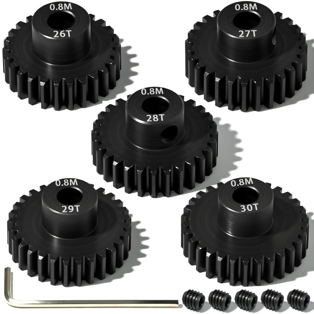5Pcs 0.8M Hardened Steel Pinion Gear Set 5mm Shaft 26T 27T 28T 29T 30T Motor Pinion Gear with M4 Screw and Hex Key, for Arrma HPI Kyosho Losi Axial Traxxas Tamiya 1/10 RC Car and 540/550 Motors